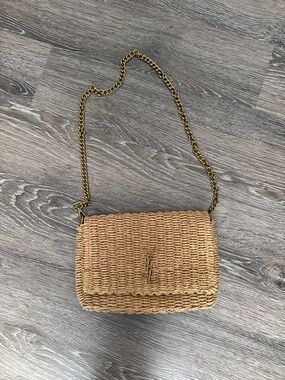Yves Saint Laurent Tan Raffia Crossbody with Gold YSL Chain